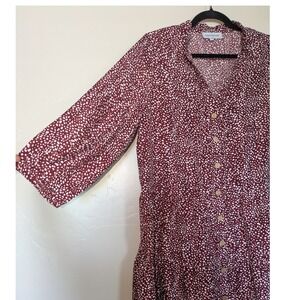 Luna Tuccini Dress Womens Large Burgundy Flowy Tiered Dot Print Button Down Boho